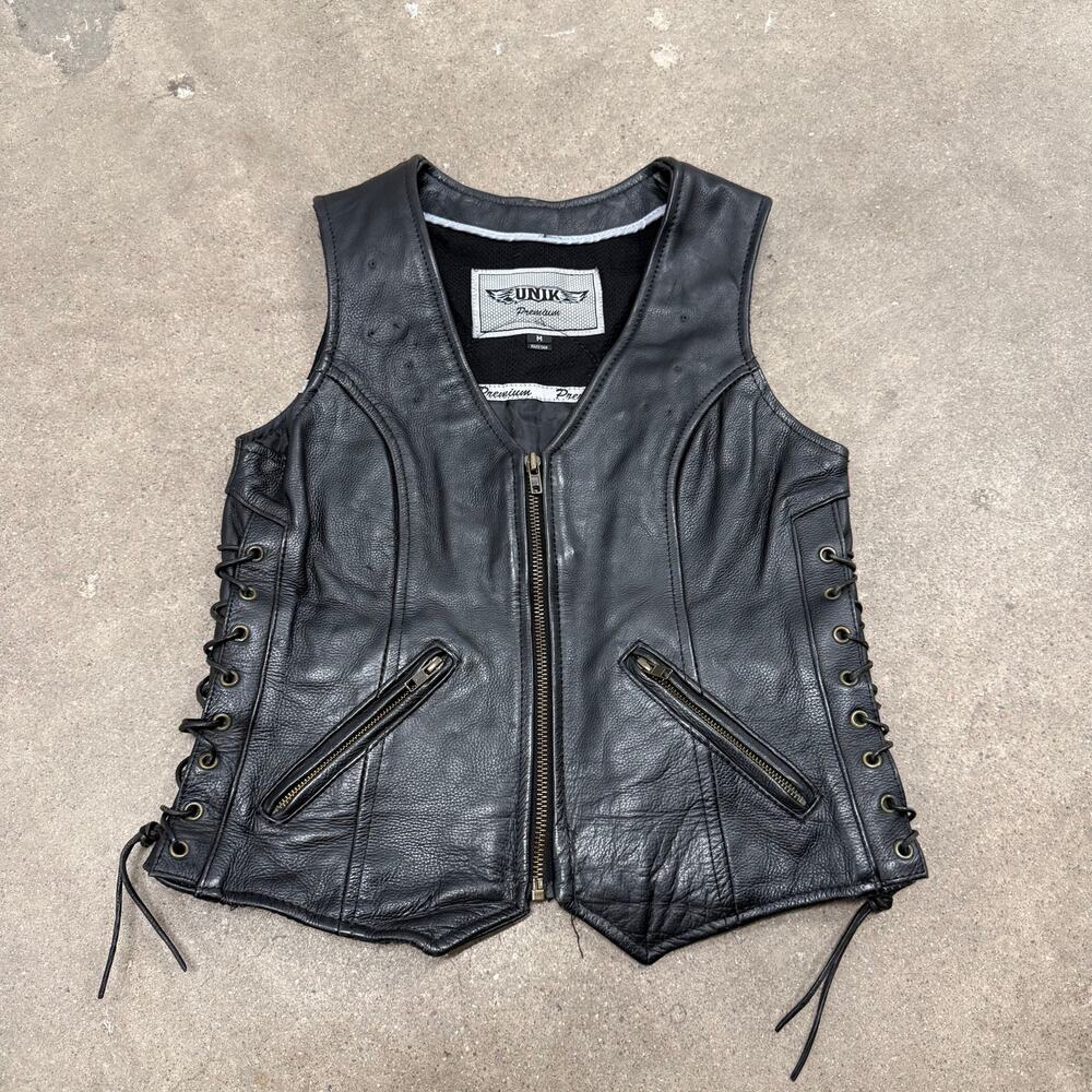 Unik Premium Leather Motorcycle Biker Lace Up Black Vest Full Zip Women Mediums